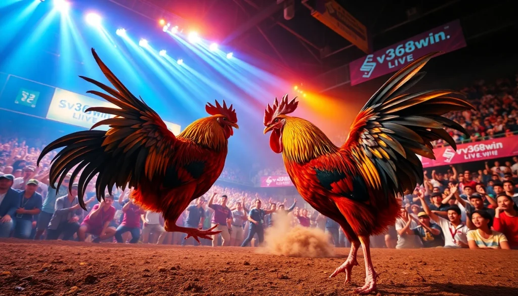Exciting live cockfighting scene showcasing sv368win.live with colorful lighting and a lively crowd.