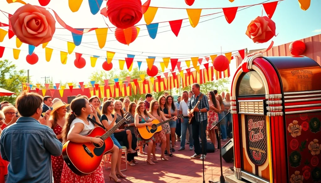 Festive gathering at johnnycashbirthday.com celebration with live music and decorations.