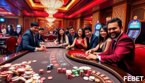 Gameplay excitement at FEBET's luxurious casino with vibrant gaming tables and colorful poker chips.
