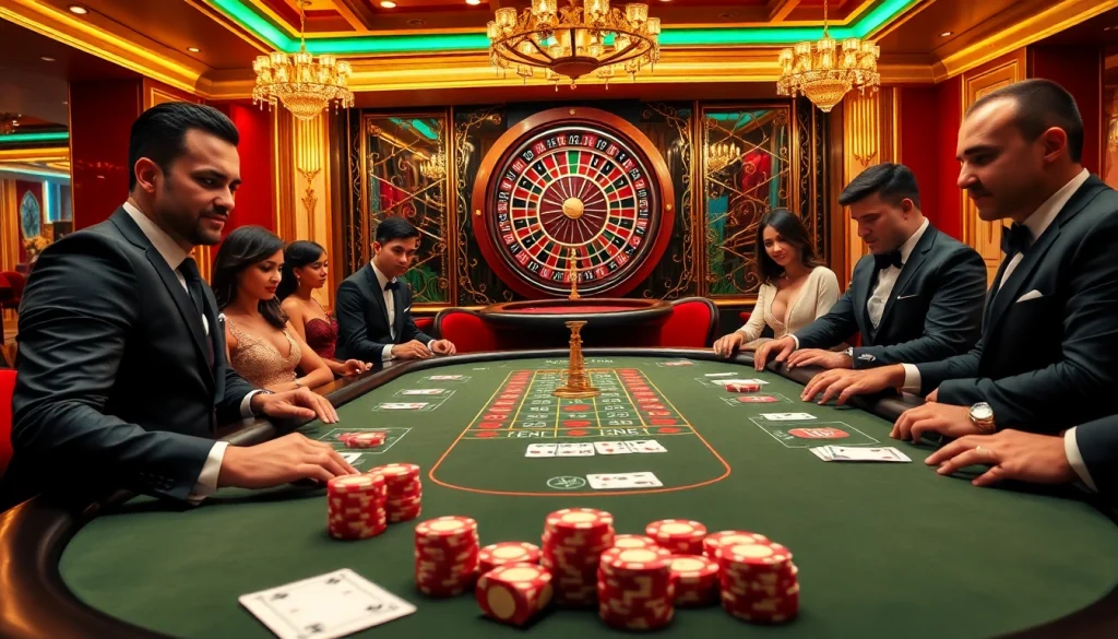 Experience high-stakes excitement at dom88.us.com with a luxurious poker table and vibrant casino atmosphere.