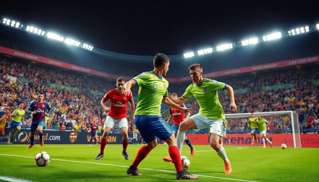 Live football match scene showcasing action related to joemadfan.com with vibrant colors and dynamic players.