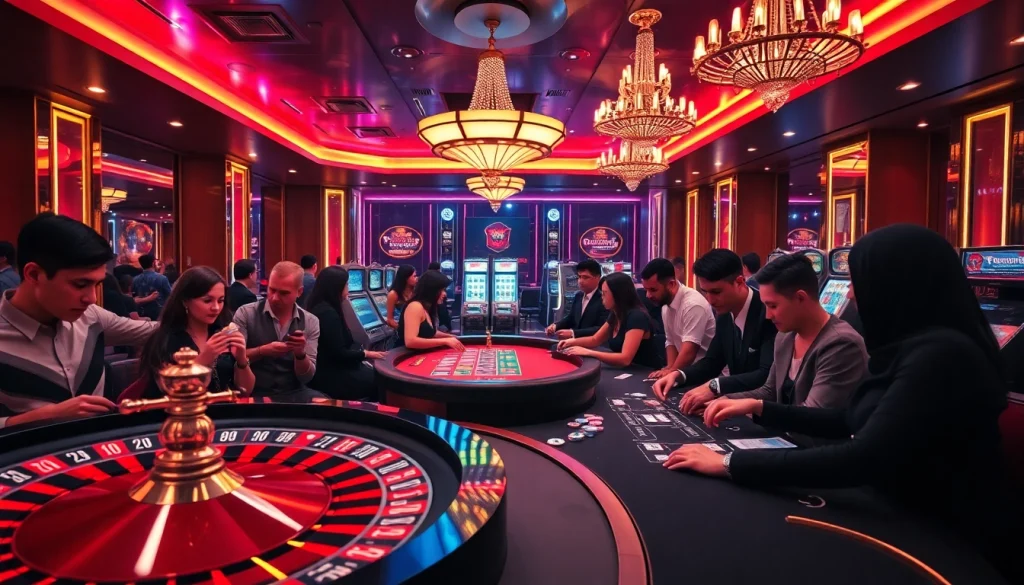 Exciting gambling atmosphere at okfun casino with poker tables and roulette wheel.