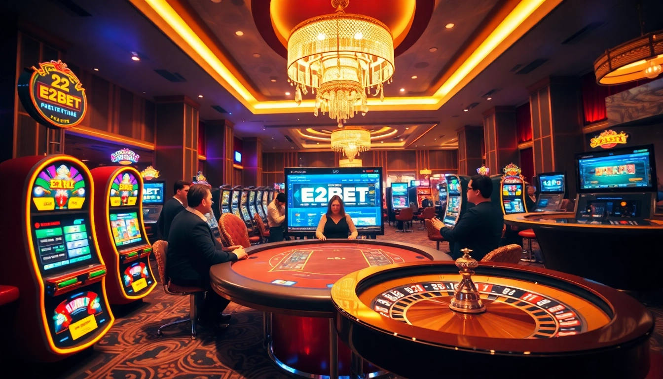 Experience the excitement of e2bet bet at a luxurious casino filled with poker tables and vibrant slot machines.
