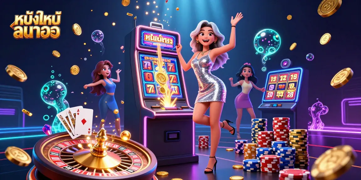 Experience fun and excitement with หนังใหม่ชนโรง, celebrating big wins on slot machines amid dazzling casino lights.
