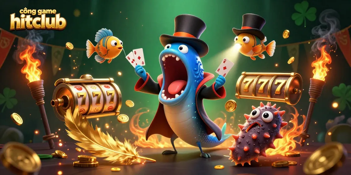 Cổng game hitclub showcases a vibrant underwater casino scene with animated characters performing magic tricks.