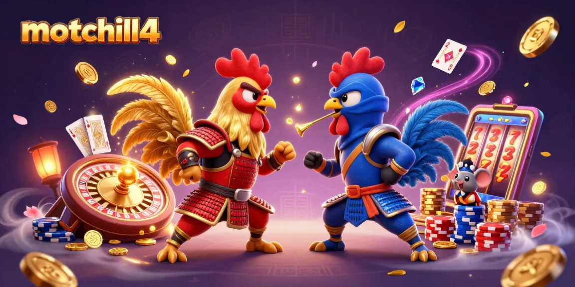 Experience the thrill of motchill4 with exciting casino games and animated roosters in a vibrant 3D scene.
