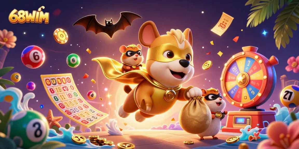 Engage in thrilling gameplay with 68WIM as cartoon characters celebrate casino excitement.