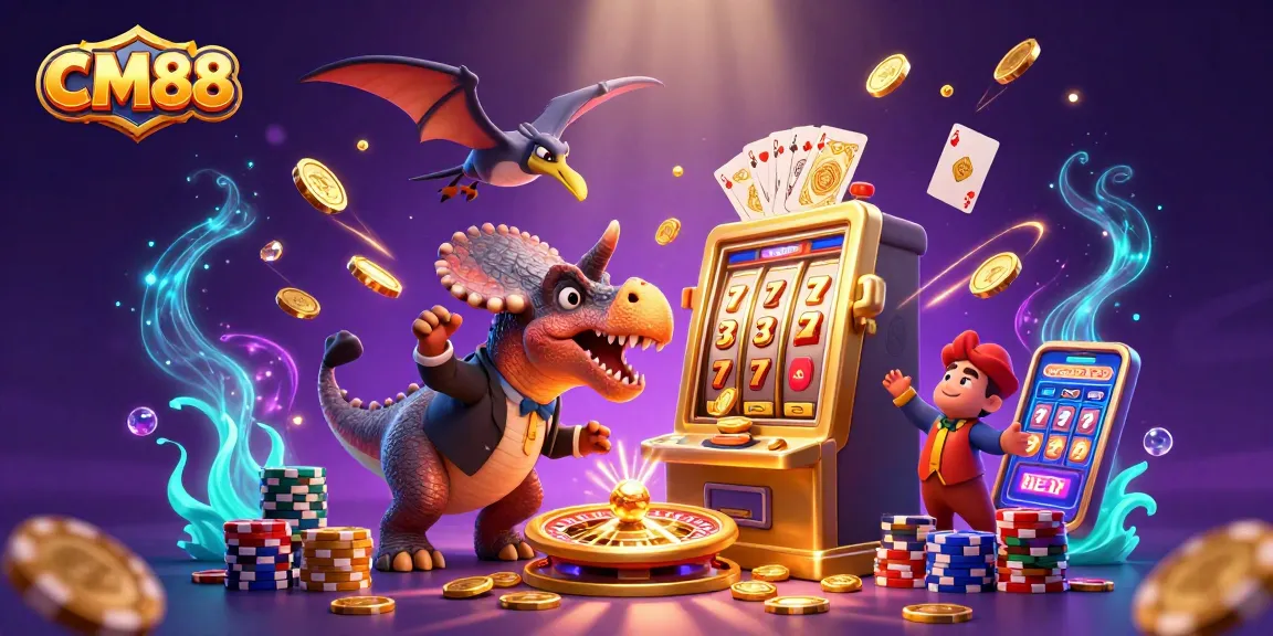 Catch golden coins at CM88 with a dinosaur-themed casino adventure in this vibrant illustration.